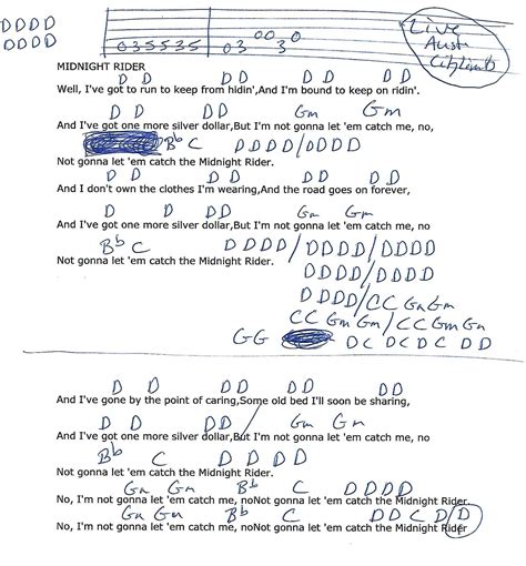 Midnight Rider (Allman Brothers) Guitar Chord Chart