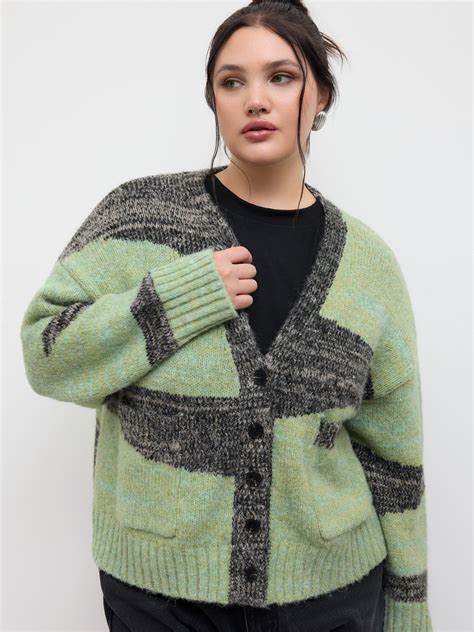 Knit Fabric Wool-blend V-neck Abstract Colorblock Cardigan Curve & Plus ...