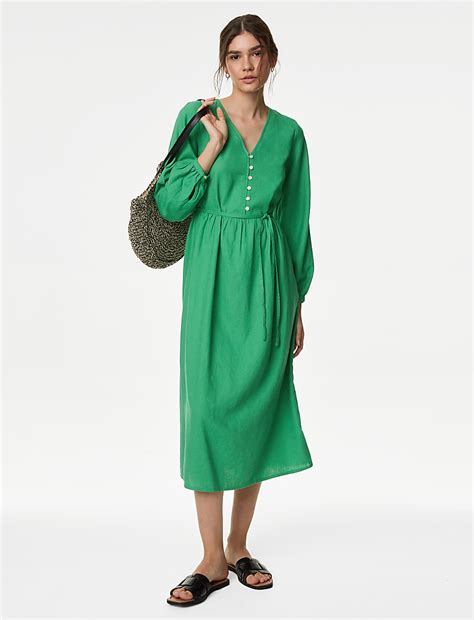 Buy Linen Rich V-Neck Midi Shift Dress at Marks & Spencer