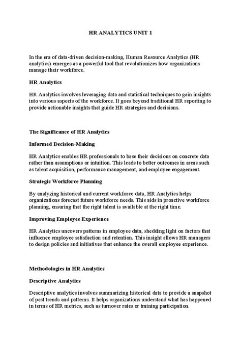 Notes HR Analytics UNIT 1 - HR ANALYTICS UNIT 1 In the era of data ...