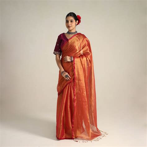 Mul Tissue Zari Orange Bengal Saree with Embroidered Blouse – iTokri आई ...