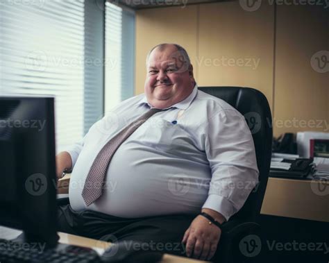 a fat man sitting at a desk in front of a computer generative ai ...