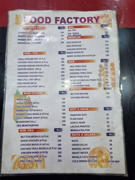 Menu at Food Factory, Asansol