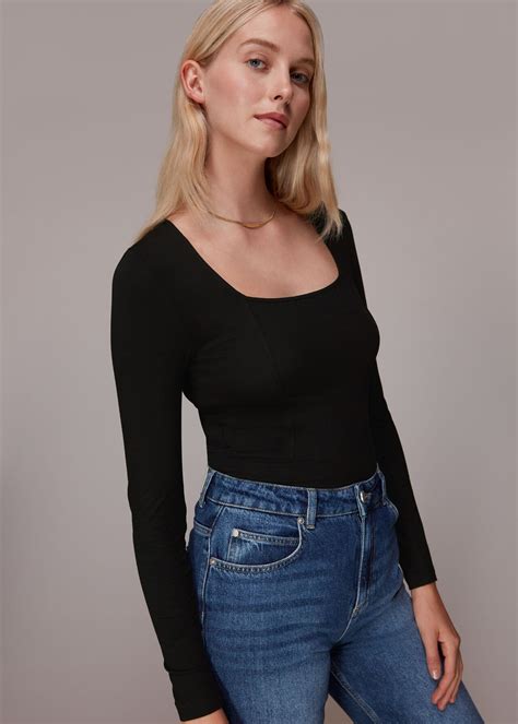 Black Square Neck Long Sleeve Top | WHISTLES | Whistles UK