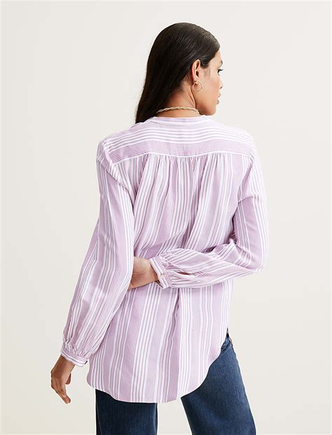Buy Striped Collarless Long Sleeve Blouse at Marks & Spencer