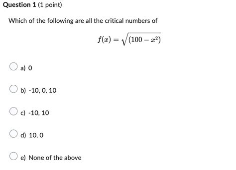 Solved What are the critical numbers of f(x)=root(100-x^2) | Chegg.com