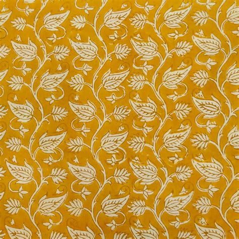 Pure Cotton Dabu Mustard With Cream Leafy Jaal Hand Block Print Fabric ...