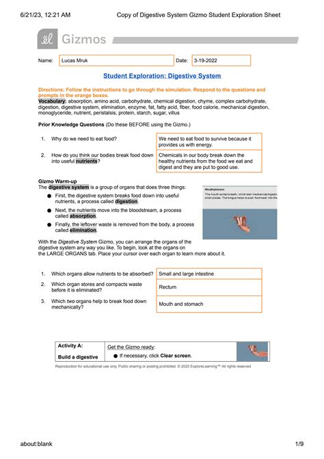SOLUTION: Copy of digestive system gizmo student exploration sheet ...