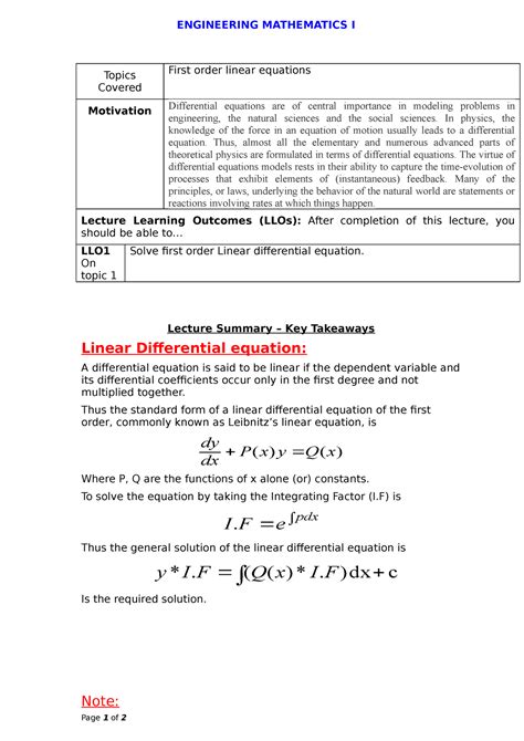 First order linear equations - ENGINEERING MATHEMATICS I Topics Covered ...