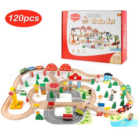 Wondertoys Wooden Train Set - 120 Piece Wooden Track & Train Pack Fits ...