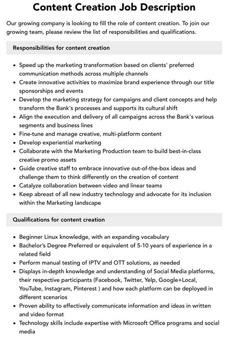 Content Creation Job Description | Velvet Jobs