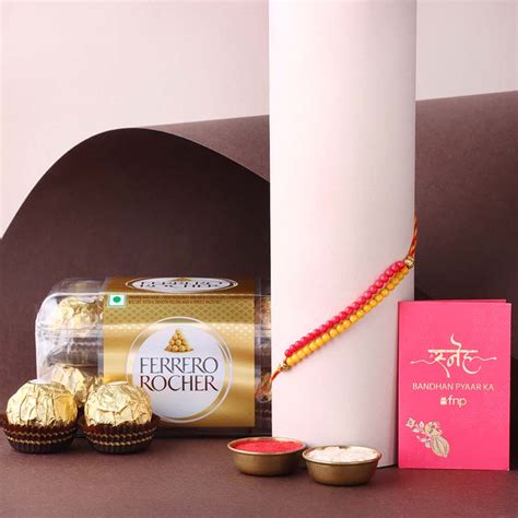 Send Sneh Red and Yellow Bead Rakhi and Ferrero Rocher Combo Online