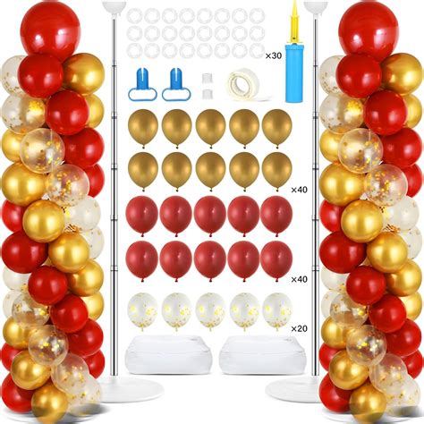 2 Sets Red Gold Balloon Column Stand Kit with 100 Balloons Adjustable ...