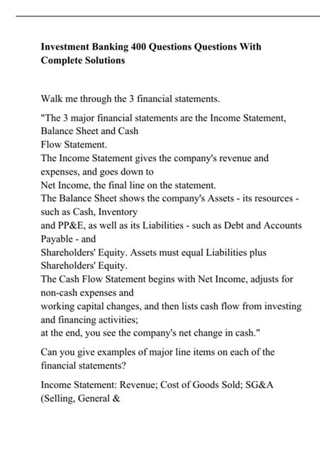 Investment Banking 400 Questions Questions With Complete Solutions ...