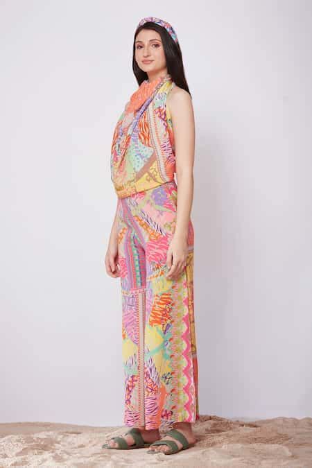 Buy Multi Color Crepe Abstract , Animal Halter Cowl Top And Palazzo Set ...