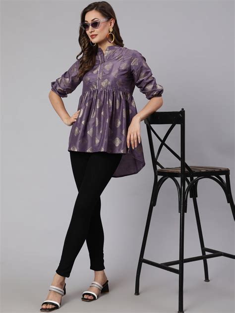 Buy Purple Woven Silk Blend Gold Printed Peplum Hip-Low Top - Jaipur Kurti