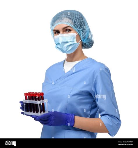 Laboratory testing. Doctor with blood samples in tubes on white background Stock Photo - Alamy