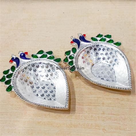 Silver Diya - twin peacock pattern -925 silver diya-pack of 2 ...