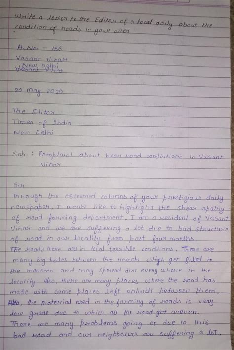 write the letter to the editor of a local daily regarding the bad ...