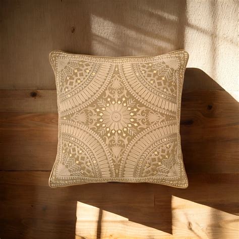 Banjara Brown Ornamental Mirror Embroidery Cotton Linen Cushion Cover ...