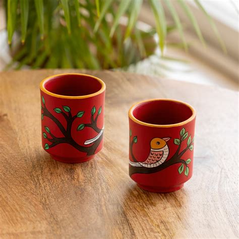 ExclusiveLane 'Forest Birds' Hand-Painted Terracotta Kullads Set Tea ...