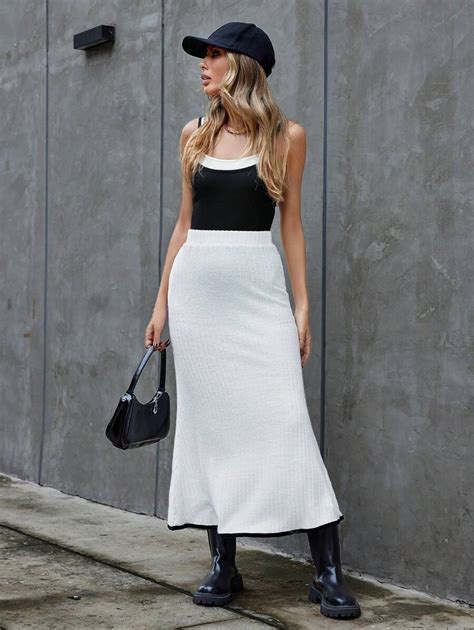 SHEIN Privé Contrast Trim Knit Pencil Skirt With Rear-fishtail Hem ...