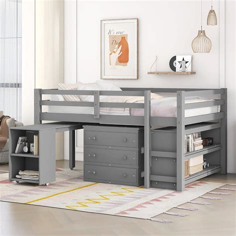 Amazon.com: Low Loft Bed Full Size with Desk and Storage, Solid Wood ...