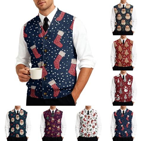 Resicozy Mens Christmas Vest Xmas Printed V-Neck Holiday Tree Snowflake ...