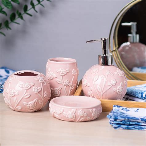 Market99 Pink Ceramic Bathroom Set of 4 | Floral Design Bath ...