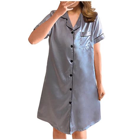 Npasoilc Nightshirts For Women Button Down Sleepshirt Silk Short Sleeve ...