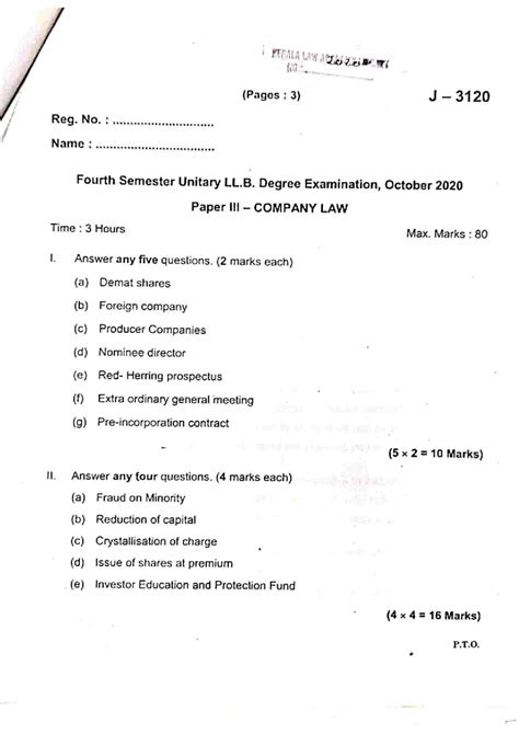 Sem 4, Paper III: Company Law Previous Year Question Papers (2020-2024 ...