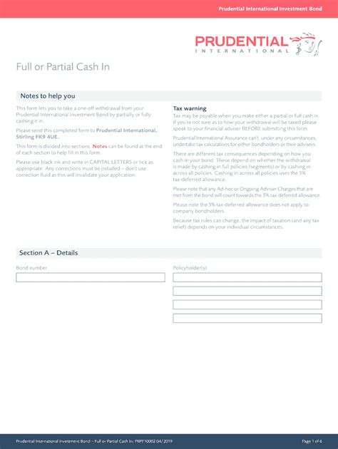 Fillable Online Prudential International Investment Bond - Cash ...