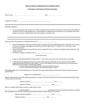 Fillable Online Patient Consent for Administration of Anesthesia and ...