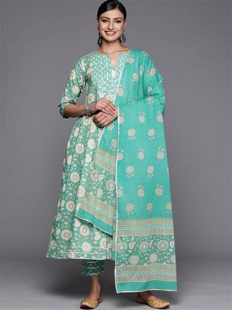 Buy Green Yoke Design Cotton Anarkali Kurta With Trousers & Dupatta ...