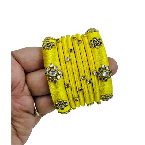 Yaalz Silk Thread Kundan Stone 8pcs Bangle Sets In Assorted Colors-Des