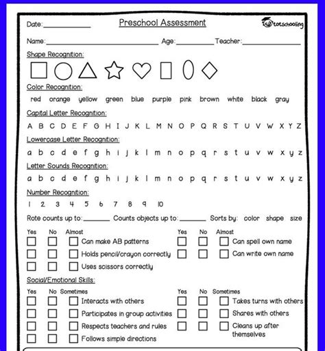 Kindergarten Assessment Sheets at Kristine Fargo blog