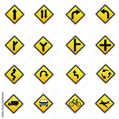 yellow road signs, traffic signs vector set on white background Stock ...