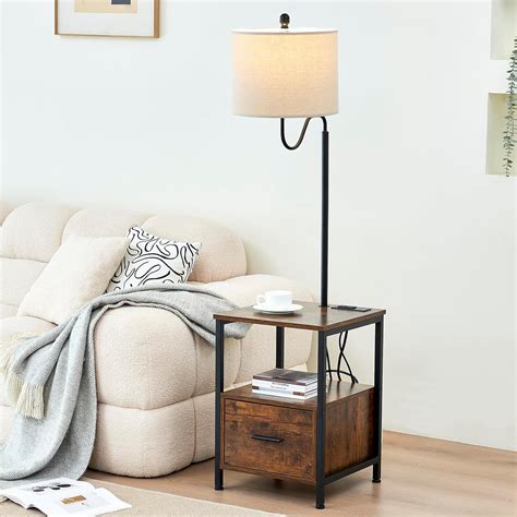 Topotdor Floor Lamp with Table, Wooden End Table Rustic Bedside ...
