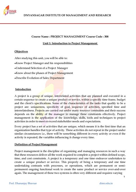 308-Project Management - 1 Prof. Dhananjay Bhavsar dimr.edu Course Name ...