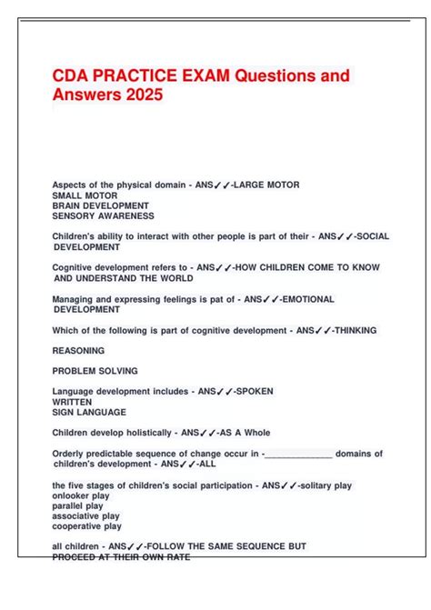 CDA PRACTICE EXAM Questions and Answers 2025. - CDA - Child Development ...