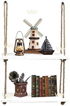 VAH 3 Tier White Wood Rope Hanging Shelf/Rack, Bohemian-Nordic Style ...