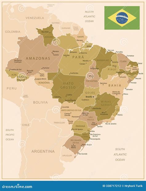 Brazil - Detailed Map of the Country in Brown Colors, Divided into ...