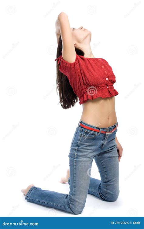 Young Woman Stand on a Knees Stock Image - Image of jacket, sitting ...