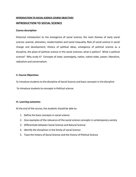 Introduction TO Social Science Course Objectives - INTRODUCTION TO ...