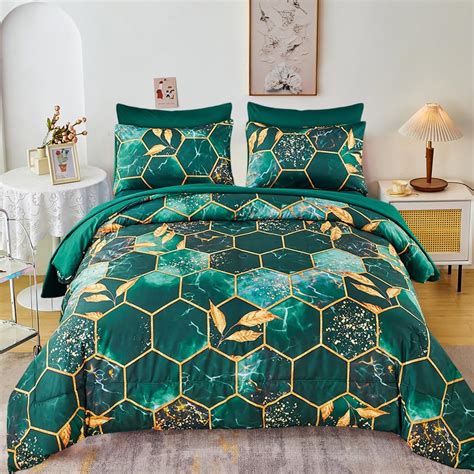 Amazon.com: ZRNBAST Hexagon Emerald Green Full Comforter Set 7 Pcs ...