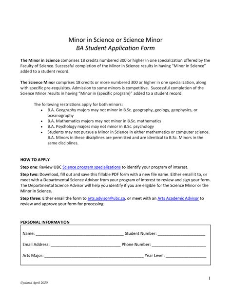 Math minor - 1 Updated April 2020 Minor in Science or Science Minor BA Student Application Form ...