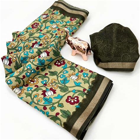 Pista Green Floral Printed Tussar Silk Blend Saree Enhanced With Intri