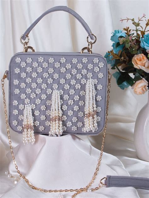Grey Coloured Briefcase Style Pearl Work Clutch and HandBag-40934 ...