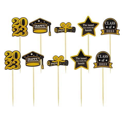 2023 Graduation Cake Toppers 10Pcs Black Gold Glitter Happy Graduation Grad Cap Cupcake Toppers ...