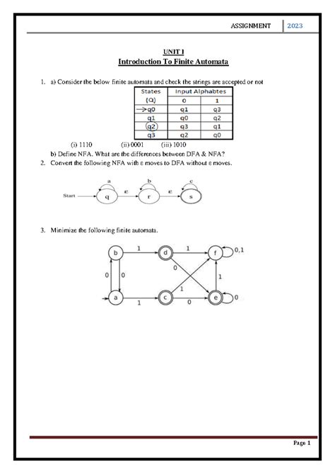 Assignment - Finite Automata and Regular Languages Concepts - Studocu
